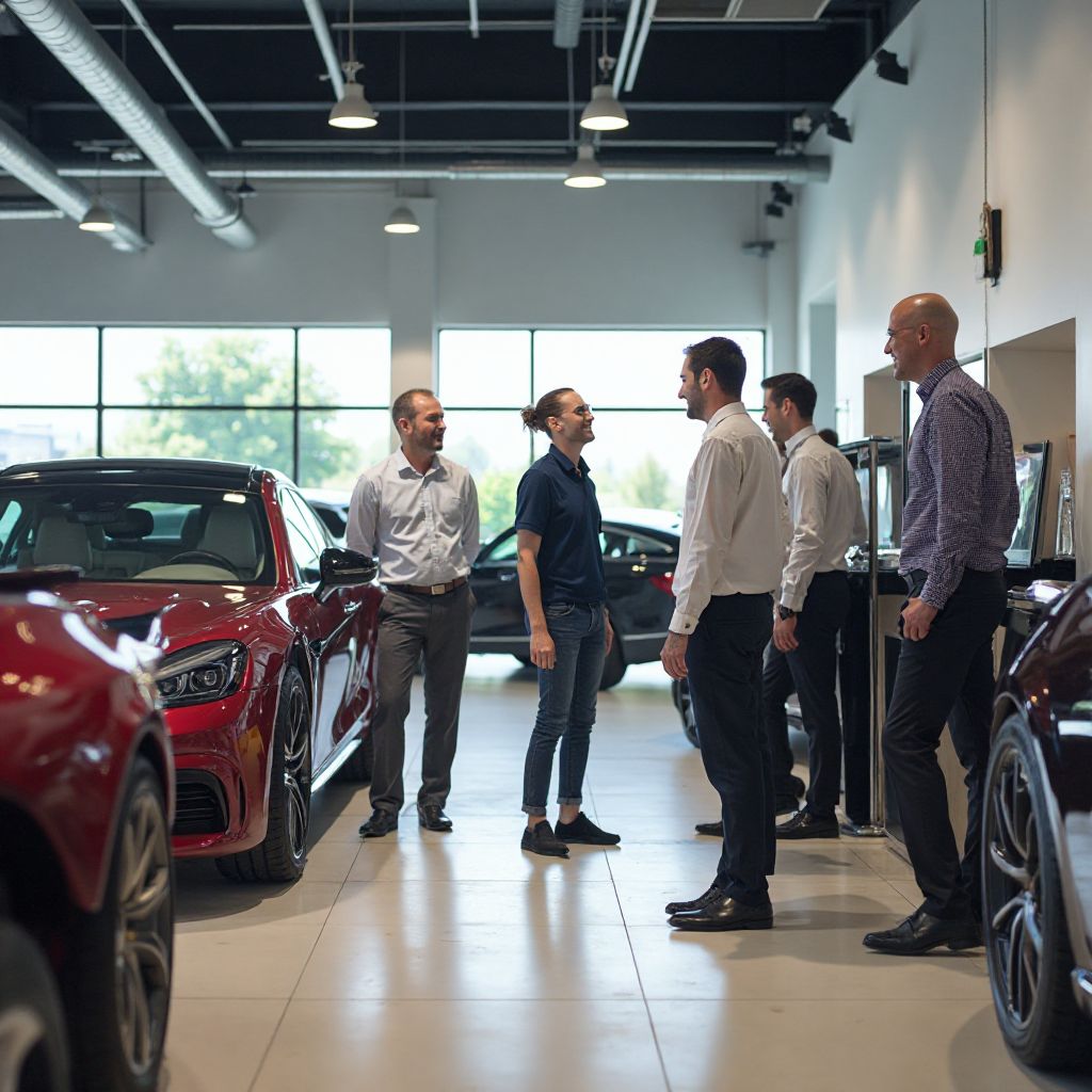 Showroom moderno con vehículos de lujo y clientes satisfechos