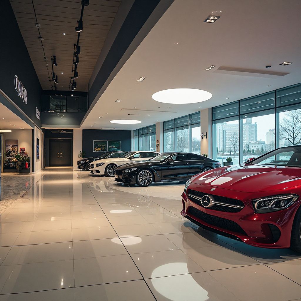 Concesionario moderno de AutoElegance con autos de lujo en exhibición